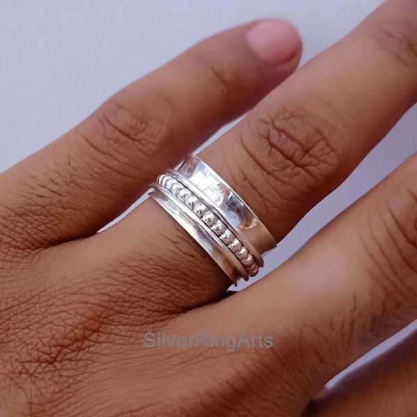 Spinner Ring, Sterling Silver Ring for Women, Boho Chunky Ring, Wide Band Fidget Ring, Hammered Handmade Meditation Ring, Gift For Her