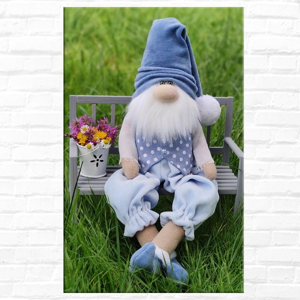 Large Blue Gnome 21" with pompom Scandinavian Gnome Nordic Decoration Unique Decor and Gifts, Gnome with legs