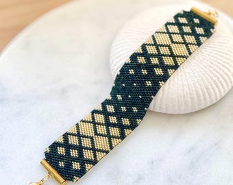 Handmade Miyuki Seed Bead Bracelet | Blue and Gold Woven Pattern | Elegant Wide Beaded Bracelet with Gold Clasp