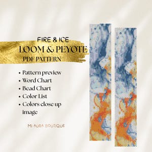 May include: A PDF pattern titled "Fire & Ice" for loom and peyote beadwork. The design features abstract patterns in shades of blue and orange. The image includes a list of pattern features and the shop name.