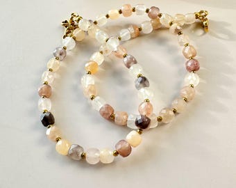Quartz Stone Autumn Colours Necklace | Pretty Big Beads Necklace | 6mm Square Faceted Quarts Beads | Thick Necklace With Gold Plated Details