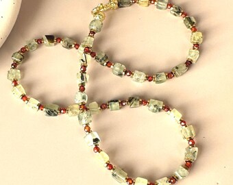 Green Prehnite And Orange Zircons Beaded Necklace | Green Stone Necklace | Symbolic Stones Jewelry | Square Beads Necklace | Elegant Gift