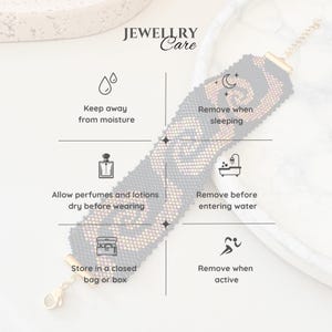 May include: A graphic with instructions on how to care for jewelry. The graphic features a black and gold beaded bracelet with a moon and stars design. The text reads "JEWELLRY Care", "Keep away from moisture", "Remove when sleeping", "Allow perfumes and lotions dry before wearing", "Remove before entering water", "Store in a closed bag or box", and "Remove when active".