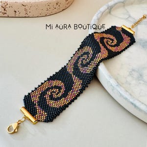 Wide Black  Pink Gold Eyecatching Peyote Stitch Handwoven Bracelet, Original Japanese Delica Myuki Seed Beads, Adjustable Homemade Bracelet, Pretty Handwoven Jewelry, Homemade Bracelet, Elegant, Sophisticated Jewerly Gift for Mother, Sister