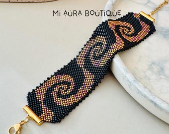 Wide Black Pink Gold Eye Catching Peyote Stitch Handwoven Bracelet | Original Japanese Delica Myuki Seed Beads | Adjustable Cuff Bracelet