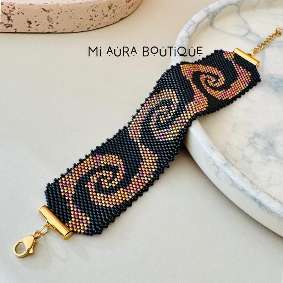 Wide Black Pink Gold Eye Catching Peyote Stitch Handwoven Bracelet | Original Japanese Delica Myuki Seed Beads | Adjustable Cuff Bracelet