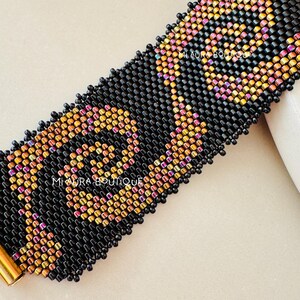 Wide Black  Pink Gold Eyecatching Peyote Stitch Handwoven Bracelet, Original Japanese Delica Myuki Seed Beads, Adjustable Homemade Bracelet, Pretty Handwoven Jewelry, Homemade Bracelet, Elegant, Sophisticated Jewerly Gift for Mother, Sister