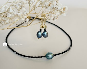 Pearl And Black Glass Crystal Beaded Necklace And Earrings, Sparkling Jewellery Set, Adjustable Choker, Timeless Jewelry