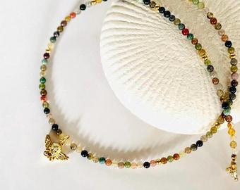 India Agate Choker Necklace With Gold Plated ANGEL Pendant | Healing Crystal Jewelry For Balance, Grounding & Protection | BOHO Spiritual