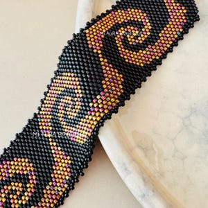 Wide Black  Pink Gold Eyecatching Peyote Stitch Handwoven Bracelet, Original Japanese Delica Myuki Seed Beads, Adjustable Homemade Bracelet, Pretty Handwoven Jewelry, Homemade Bracelet, Elegant, Sophisticated Jewerly Gift for Mother, Sister