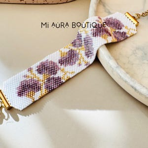 Wide Flower Pattern Peyote Stitch Handwoven Bracelet | Delica Miyuki Seed Beads, Adjustable Homemade Cuff Bracelet | Dainty Crystal Bracelet