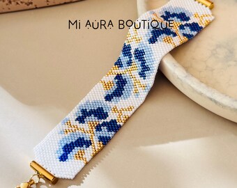 Wide Flower Pattern Peyote Stitch Handwoven Bracelet | Delica Miyuki Seed Beads, Adjustable Homemade Cuff Bracelet | Dainty Crystal Bracelet