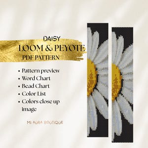 Op de afbeelding: Een digitaal PDF-patroon voor daisy loom- en peyote-kralenwerk. Het ontwerp toont een witte madelief met een gele kern tegen een zwarte achtergrond. Het patroon bevat een voorbeeld, woordtabel, kralentabel, kleurenschema en close-up afbeelding. De tekst "DAISY LOOM & PEYOTE PDF PATTERN" is zichtbaar.