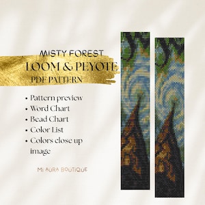 Könnte beinhalten: Ein digitales PDF-Muster für Webstuhl- und Peyote-Perlenarbeiten mit dem Titel "Misty Forest". Das Design zeigt eine Waldszene mit einer Farbliste und einem Diagramm. Das Bild enthält den Text "Mi Aura Boutique."
