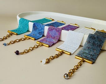 Handwoven Peyote Bracelets With MIYUKI Seed BeadS | Colourful Summer Blue White Purple Turquoise Gray  Wide Adjustable Cuff Bracelets | Gift