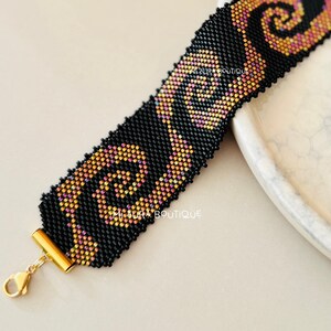 Wide Black  Pink Gold Eyecatching Peyote Stitch Handwoven Bracelet, Original Japanese Delica Myuki Seed Beads, Adjustable Homemade Bracelet, Pretty Handwoven Jewelry, Homemade Bracelet, Elegant, Sophisticated Jewerly Gift for Mother, Sister