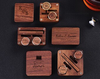 Gemelos personalizados y juego de clips de corbata - Gemelos de madera con caja, propuesta de padrinos de boda, regalo de padrino, gemelos grabados, despedida de soltero