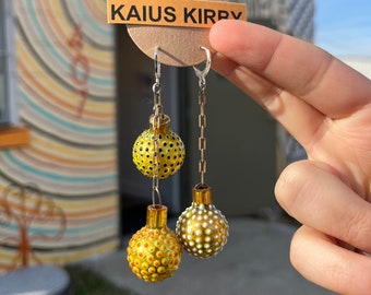 Handmade Asymmetrical Gold Ornament Earrings Handpainted by Kaius Kirby Local Artist