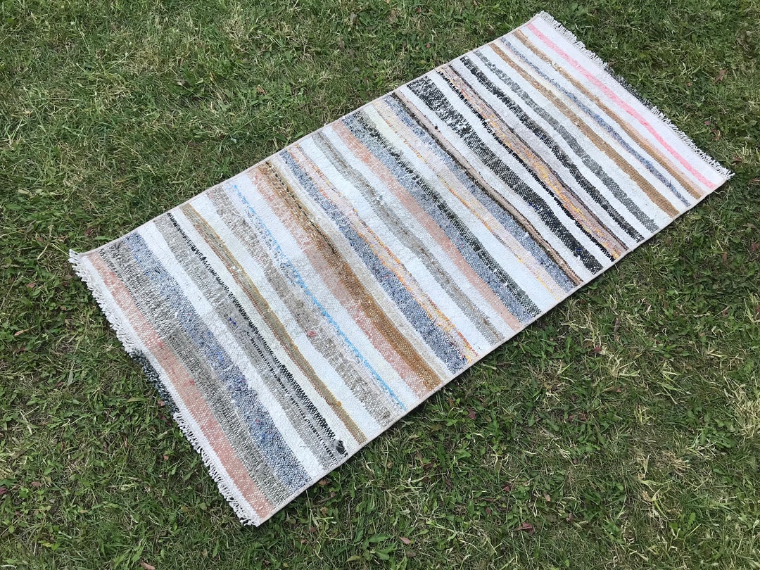 Small Rag Rug, Cotton Bath Mat, Flatweave Small Rug, Swedish Rag Rug