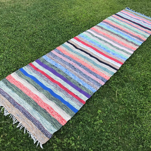 Rainbow rag rug runner, Swedish rag runner rug, Flatweave runner rug, Colorful striped runner rug, Hand loom rag rug, 3x10 rag rug