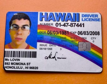 Mclovin driver’s license sticker, debit card sticker, credit card sticker, debit card skin, credit card skin, Superbad sticker, funny decal