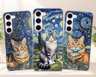 Van Gogh Inspired Celestial Kitty Phone Case fits SamsungS26 S25 S24 FE S23 S22 S21 S20 fit Samsung A56 A54 A53 A36 A35 A34 A16 A15 A14 A26