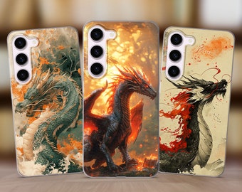 May include: Three phone cases with different dragon designs. The first case features a green dragon with orange and yellow flames. The second case features a black dragon with orange and yellow flames. The third case features a black dragon with red and orange flames.