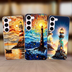 May include: Three phone cases with different lighthouse designs. The first case features a sunset with a lighthouse on a rocky shore. The second case has a blue and yellow mosaic design with a lighthouse in the center. The third case has a dark blue sky with a lighthouse on a rocky shore.