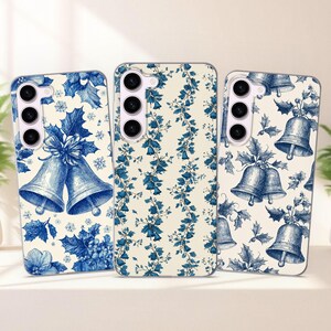 Vintage Blue Bells Phone Case – Christmas Floral Holiday Phone Cover fits Samsung S25 S24 FE S23 Plus S22 S21 S20 FE fit Samsung A56 A55 A54