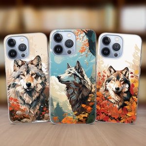May include: Three iPhone cases with a wolf and autumn leaves design. The cases are clear and show the phone's camera lenses. The wolf is depicted in a painterly style with a colorful background.