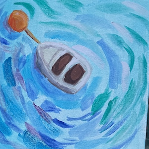 hand painted boat floating in a calming ocean