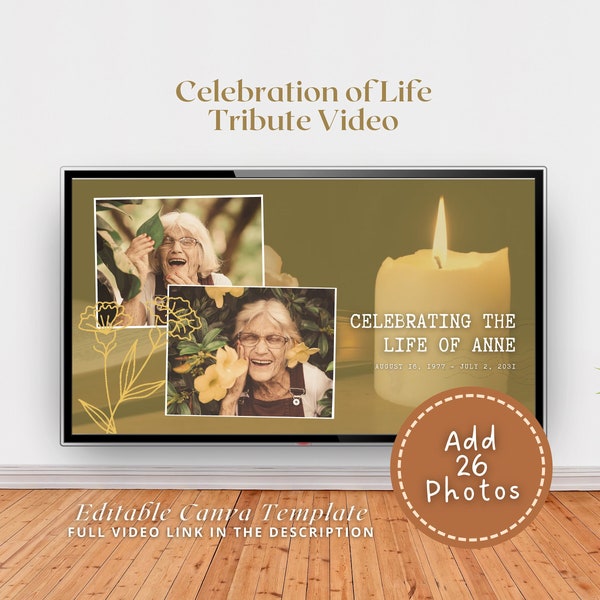 Gold Celebration of Life Funeral Video Customized Memorial Animation Life Tribute in loving Memory Obituary Memorial Editable Canva Template
