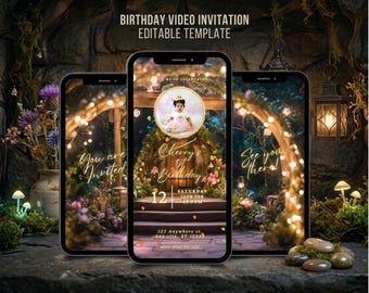 Puede incluir: Tres teléfonos inteligentes muestran una plantilla de invitación de video de cumpleaños digital con un tema de bosque mágico, luces de hadas, flores y un marco de fotos circular. El texto dice: BIRTHDAY VIDEO INVITATION EDITABLE TEMPLATE, Cherry's 1st Birthday, Saturday 12th Feb at 3 PM, 123 Anywhere st, Any city, ST 12345, RSVP: (934) 272-222.