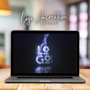 May include: A laptop computer displaying a video animation of the word "Logo" with a blue and white lightning bolt effect. The text "Logo Animation Video" is displayed above the laptop.
