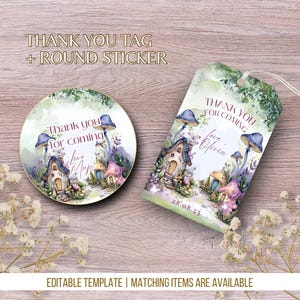 Modelo de etiqueta de agradecimento Boho Wildflower Etiqueta de presente personalizada para impressão Etiqueta de lembrança de aniversário mágica de cogumelo Adesivos de agradecimento para festa Fairy Land