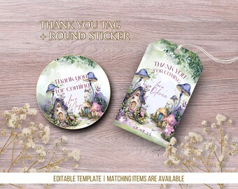 May include: A set of printable thank you tags and round stickers featuring a whimsical fairy house theme. The design includes a watercolor illustration of a forest scene with mushrooms, houses, and flowers. The text on the tags reads "Thank you for coming" and "Love Olivia". The date "28.08.23" is also included.