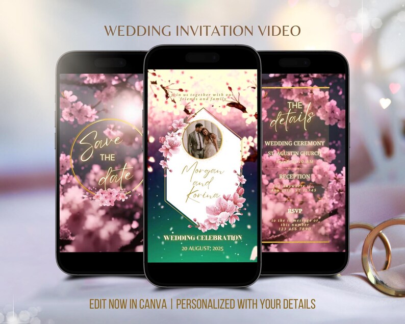 Custom Cherry Blossom Wedding Invitation Video Sakura Flowers Animated Wedding Digital Template Editable Invite