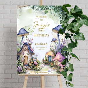 Boho Wildflower Fungo Fata Compleanno Cartello di Benvenuto Casa Fungo Blu Cavalletto Tavola Foresta Incantata Festa Cartello di Benvenuto Modificabile
