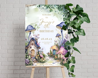 May include: Welcome to Jenny's 8th Birthday party sign featuring a whimsical fairy house and mushroom theme. The sign is decorated with watercolour illustrations of a fairy house, mushrooms, flowers, and butterflies. The text on the sign reads "Welcome to Jenny's 8th Birthday" and includes the date "28.08.23" and an address.