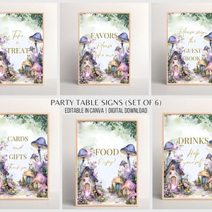 Letreros de mesa para fiesta de hadas, paquete de letreros de bosque encantado, decoración de fiesta de Fantasyland azul, paquete de letreros de cumpleaños imprimibles con flores silvestres bohemias