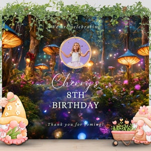 Sfondo personalizzato per compleanno con fata della foresta incantata, striscione per compleanno con fata, decorazioni per feste con funghi della foresta magica, modello modificabile