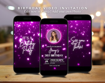 Invitación de cumpleaños animada con purpurina neón púrpura, plantilla editable personalizada, invitación digital neón, invitación para fiesta temática púrpura.