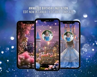Quinceañera Video Invitation Royal Blue Sweet 15 Animated Invite Fairytale Princess Birthday Digital Invitation  Editable Template
