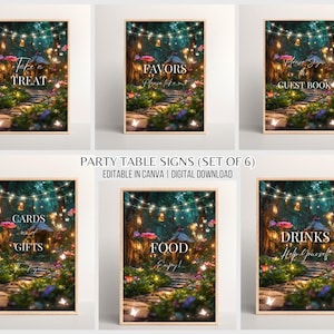 Juego de letreros de mesa para fiestas mágicas, paquete de letreros de bosque encantado, decoración de fiesta de jardín de hadas, paquete de letreros de cumpleaños imprimibles, plantilla editable