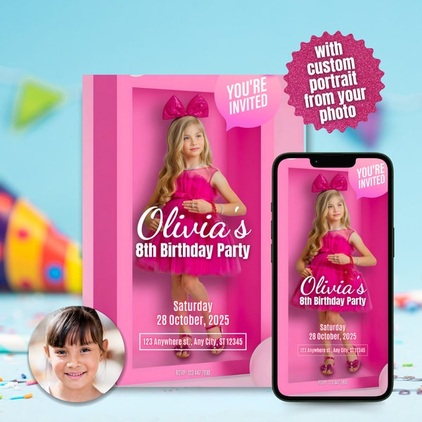 Custom Portrait from Photo Invite Pink Ribbon Doll Fashion Doll Birthday Invitation Digital Card Hot Pink Doll Invitation for Girls