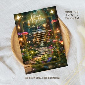 May include: A printable order of events for an 18th birthday party. The design features a whimsical forest scene with glowing lights and butterflies. The text reads "Olivia at Eighteen Order of Events".