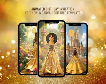 Fairytale Princess Quinceañera Video Invitation 15 Birthday Animated Digital Invite Yellow Princess Party Save The Date Editable Template