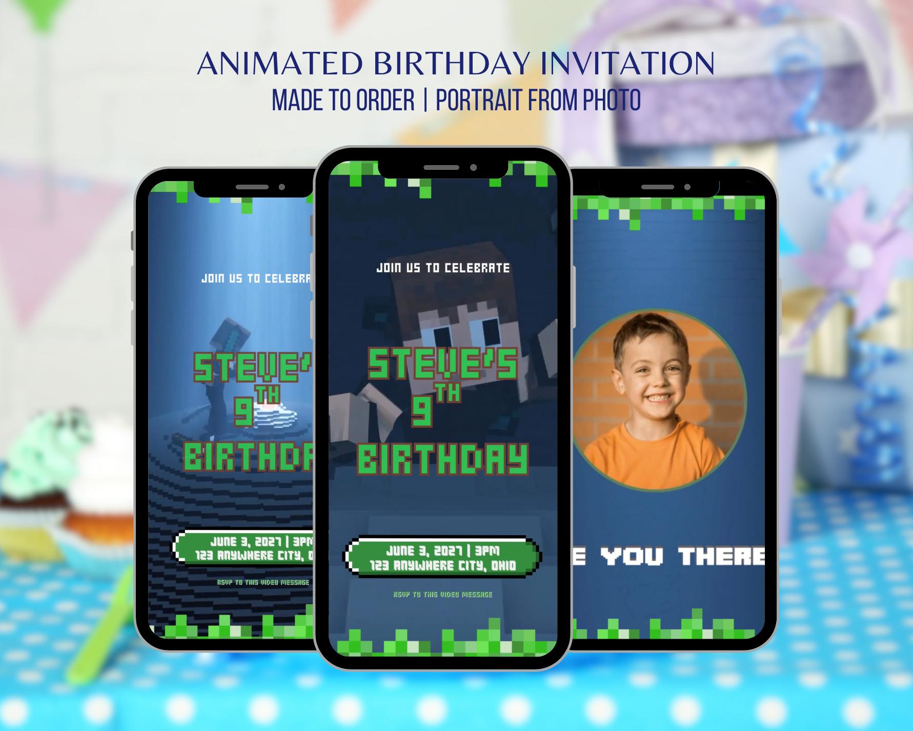 Minecraft Animated Invitation Birthday Party Custom Minecraft Birthday Invitation Video Gamer Digital Invitation Video Game Party Invite