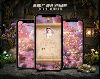 Enchanted Forest Video Invitation Pink Fairyland Animated Birthday Invitation Fairy Princess 1st Birthday Digital Invitation