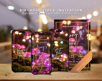 Magical Mushroom Enchanted Forest Fantasy aangepaste geanimeerde uitnodigingsvideo bewerkbare sjabloon paarse paddestoel verjaardagsuitnodiging voor meisjes